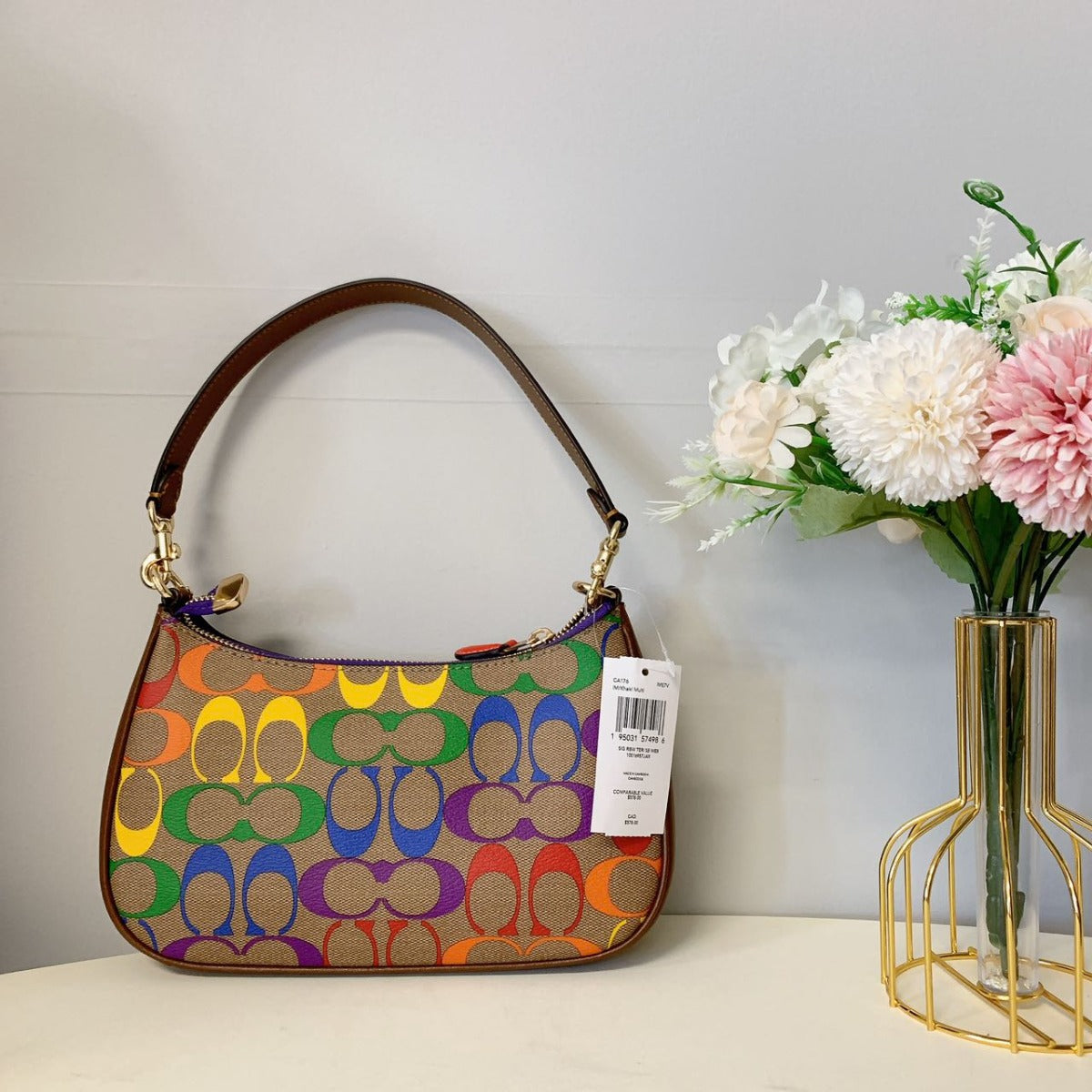 Coach CA176 Teri Shoulder Bag In Rainbow Signature Canvas In Gold/Khaki Multi Coach CA176 Teri Shoulder Bag In Rainbow Signature Canvas In Gold/Khaki Multi